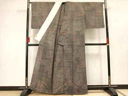 平和屋着物▽結城ちぢみ 単衣 オリエント花文 正絹 逸品 AAAU8603fy