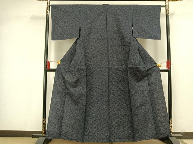 平和屋着物▽上質な紬　単衣　分銅青海波　正絹　逸品　AAAU8606fy