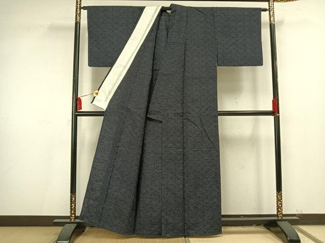 平和屋着物▽上質な紬　単衣　分銅青海波　正絹　逸品　AAAU8606fy