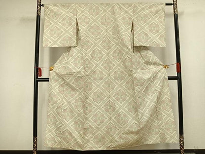 平和屋着物▽上質な紬　単衣　菱取り花文　正絹　逸品　AAAU8612fy