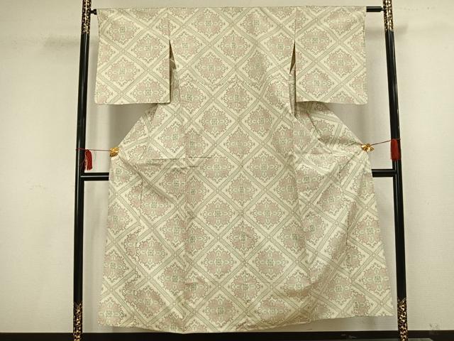 平和屋着物▽上質な紬　単衣　菱取り花文　正絹　逸品　AAAU8612fy