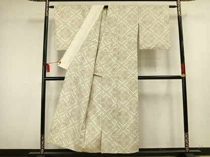 平和屋着物▽上質な紬　単衣　菱取り花文　正絹　逸品　AAAU8612fy