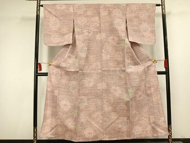 平和屋着物▽結城ちぢみ　単衣　舞花文　正絹　逸品　AAAU8613fy