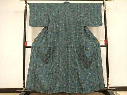 平和屋着物▽お召 単衣 麻の葉文様 正絹 逸品 AAAU8615fy