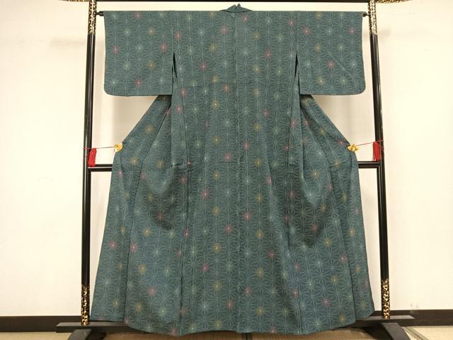 平和屋着物▽お召 単衣 麻の葉文様 正絹 逸品 AAAU8615fy