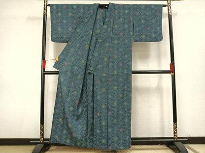 平和屋着物▽お召 単衣 麻の葉文様 正絹 逸品 AAAU8615fy