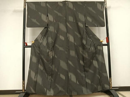 平和屋着物▽小紋 単衣 縞 黒地 洗える着物 AAAU8640fy
