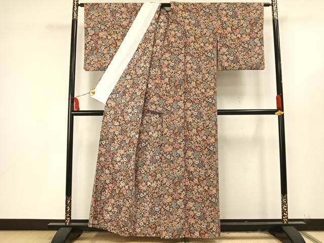 平和屋着物▽小紋 単衣 草花文 洗える着物 AAAU8653fy