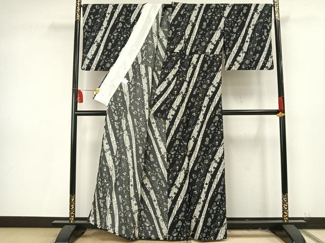 平和屋着物▽上質な小紋　単衣　草花文　黒地　正絹　逸品　AAAU8656fy