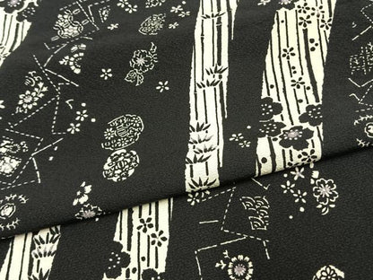 平和屋着物▽上質な小紋　単衣　草花文　黒地　正絹　逸品　AAAU8656fy