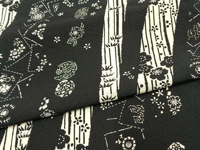 平和屋着物▽上質な小紋　単衣　草花文　黒地　正絹　逸品　AAAU8656fy