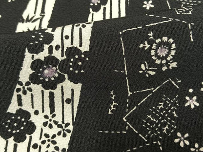 平和屋着物▽上質な小紋　単衣　草花文　黒地　正絹　逸品　AAAU8656fy