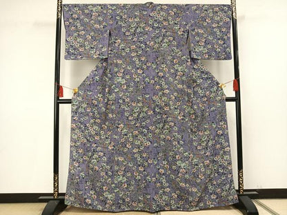 平和屋着物▽小紋 単衣 草花文 鬼しぼ縮緬 洗える着物 AAAU8660fy