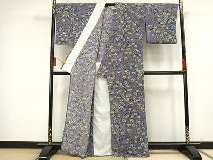 平和屋着物▽小紋 単衣 草花文 鬼しぼ縮緬 洗える着物 AAAU8660fy