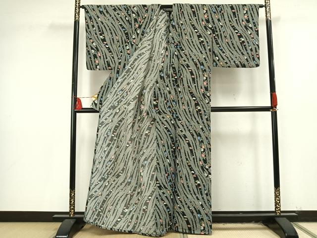 平和屋着物▽小紋 単衣 草花文 黒地 洗える着物 AAAU8661fy