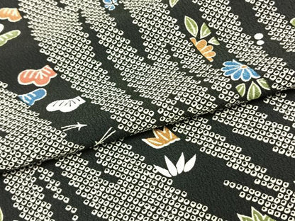 平和屋着物▽小紋 単衣 草花文 黒地 洗える着物 AAAU8661fy