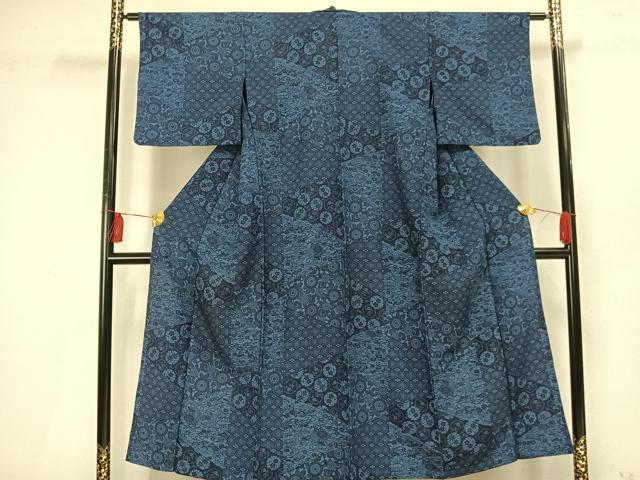 平和屋着物▽小紋　単衣　藍　型染め　切嵌花文　洗える着物　AAAU8663fy 平和屋着物▽小紋 単衣 藍 型染め 切嵌花文 洗える着物