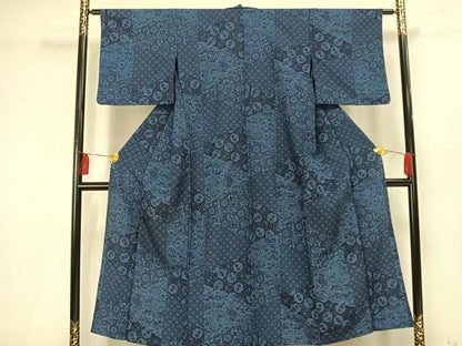 平和屋着物▽小紋　単衣　藍　型染め　切嵌花文　洗える着物　AAAU8663fy