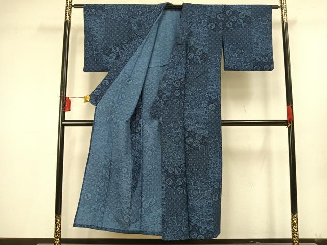 平和屋着物▽小紋　単衣　藍　型染め　切嵌花文　洗える着物　AAAU8663fy 平和屋着物▽小紋 単衣 藍 型染め 切嵌花文 洗える着物
