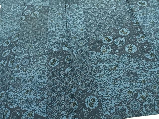 平和屋着物▽小紋　単衣　藍　型染め　切嵌花文　洗える着物　AAAU8663fy 平和屋着物▽小紋 単衣 藍 型染め 切嵌花文 洗える着物