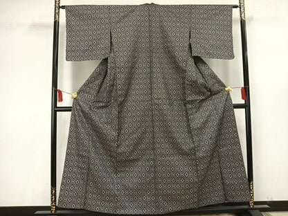 平和屋着物▽上質な紬 単衣 菱文 正絹 逸品 AAAU8668fy