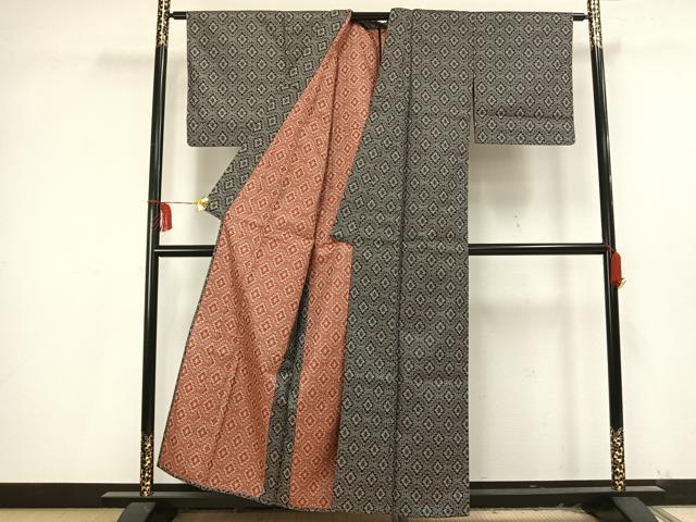 平和屋着物▽上質な紬 単衣 菱文 正絹 逸品 AAAU8668fy