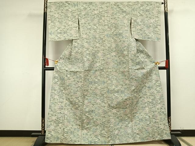 平和屋着物▽上質な紬 単衣 草花文 正絹 逸品 AAAU8671fy