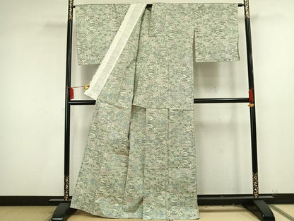 平和屋着物▽上質な紬 単衣 草花文 正絹 逸品 AAAU8671fy