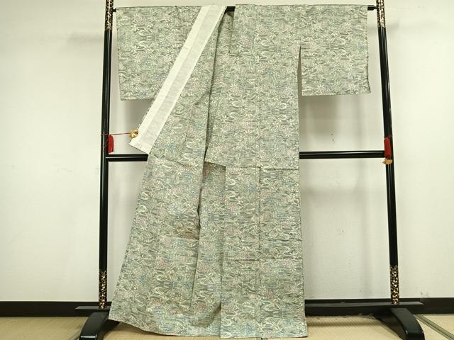 平和屋着物▽上質な紬 単衣 草花文 正絹 逸品 AAAU8671fy