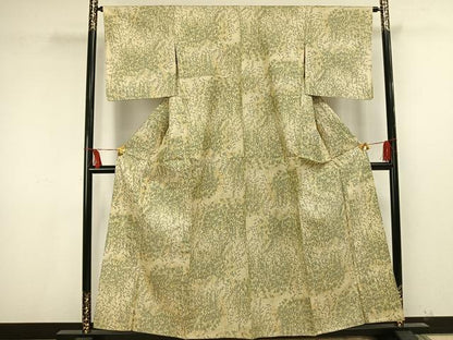 平和屋着物▽上質な紬　単衣　草花文　正絹　逸品　AAAU8674fy