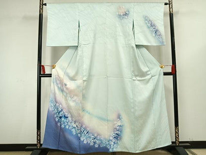 平和屋着物▽訪問着 単衣 花蝶文 暈し染め 銀彩 正絹 逸品 AAAU8675fy