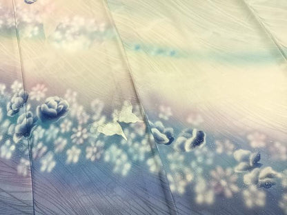 平和屋着物▽訪問着 単衣 花蝶文 暈し染め 銀彩 正絹 逸品 AAAU8675fy