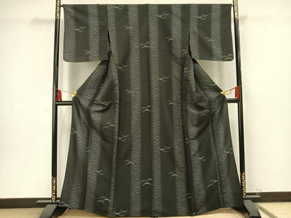 平和屋着物▽小紋 単衣 雪芝文 黒地 洗える着物 未使用 AAAU8683fy