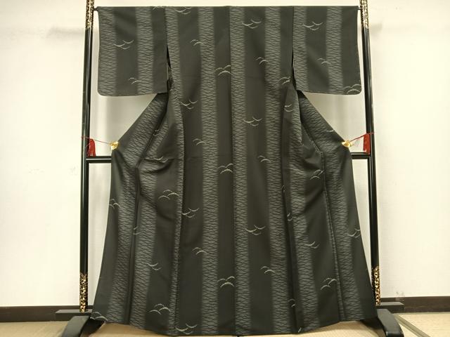 平和屋着物▽小紋 単衣 雪芝文 黒地 洗える着物 未使用 AAAU8683fy