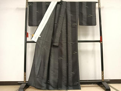 平和屋着物▽小紋 単衣 雪芝文 黒地 洗える着物 未使用 AAAU8683fy