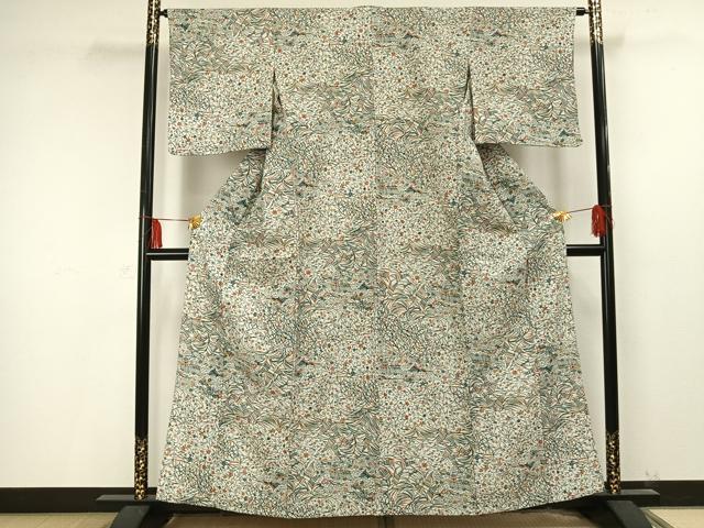 平和屋着物▽小紋 単衣 型染め 唐草花文 洗える着物 AAAU8684fy