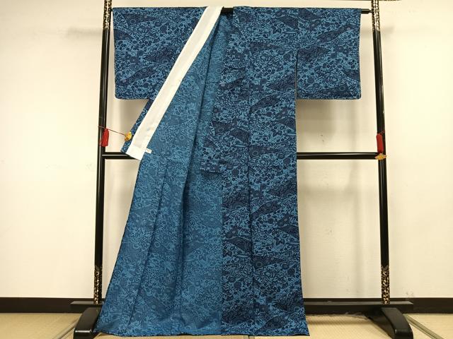 平和屋着物▽小紋 単衣 藍 型染め 花唐草文 洗える着物 未使用 AAAU8687fy