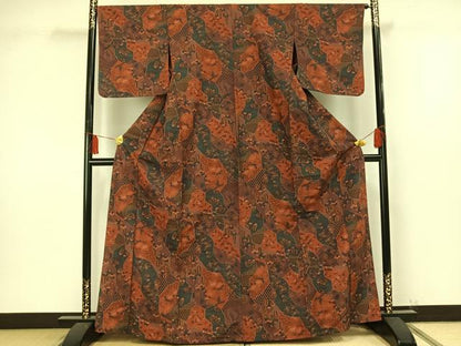 平和屋着物▽小紋 単衣 切嵌草花文 洗える着物 AAAU8701fy