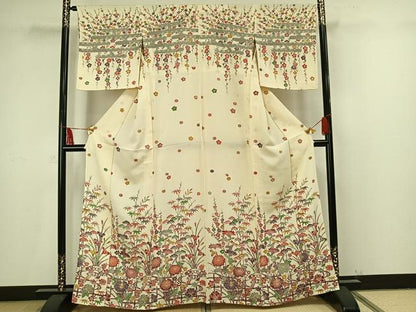 平和屋着物▽訪問着 単衣 型染め 草花文 鬼しぼ縮緬 正絹 逸品 AAAU8703fy