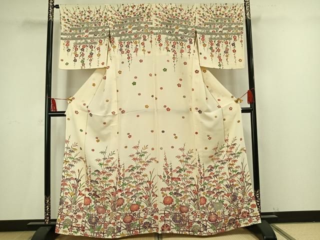 平和屋着物▽訪問着 単衣 型染め 草花文 鬼しぼ縮緬 正絹 逸品 AAAU8703fy