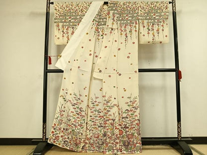 平和屋着物▽訪問着 単衣 型染め 草花文 鬼しぼ縮緬 正絹 逸品 AAAU8703fy