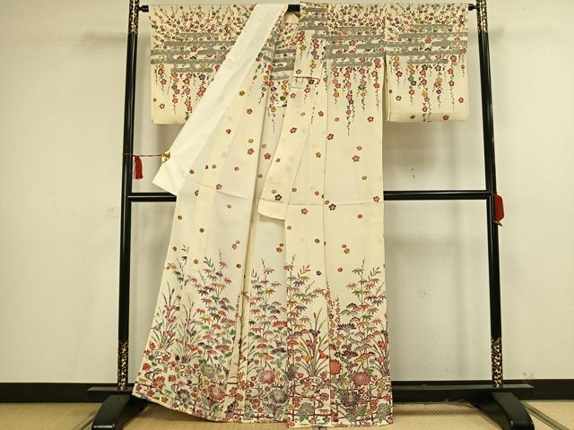 平和屋着物▽訪問着 単衣 型染め 草花文 鬼しぼ縮緬 正絹 逸品 AAAU8703fy