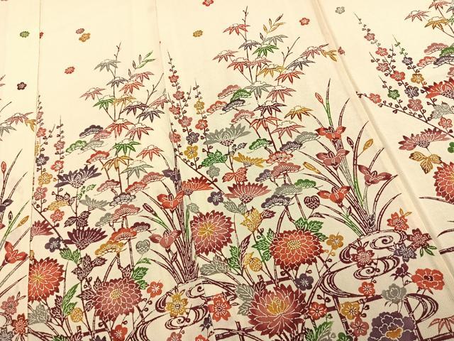平和屋着物▽訪問着 単衣 型染め 草花文 鬼しぼ縮緬 正絹 逸品 AAAU8703fy