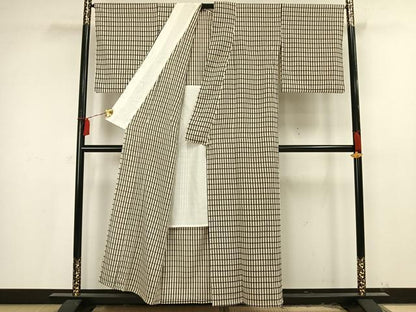 平和屋着物▽上質な小紋　単衣　格子　正絹　逸品　AAAU8704fy