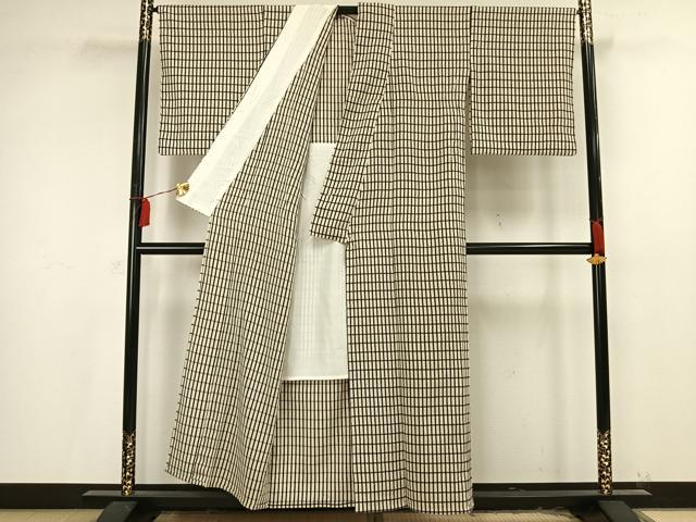 平和屋着物▽上質な小紋　単衣　格子　正絹　逸品　AAAU8704fy
