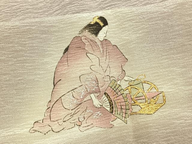 平和屋着物▽友禅師・京の名工・伝統工芸士・樽本伊勢蔵　色無地　単衣　人物文　暁鼠色　やまと誂製　正絹　逸品　AAAU8712fy