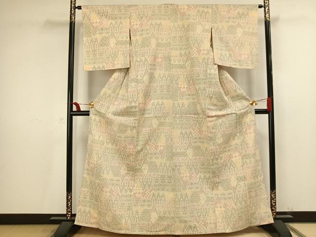 平和屋着物▽お召　単衣　幾何学文様　正絹　逸品　AAAU8715fy
