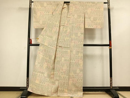 平和屋着物▽お召　単衣　幾何学文様　正絹　逸品　AAAU8715fy
