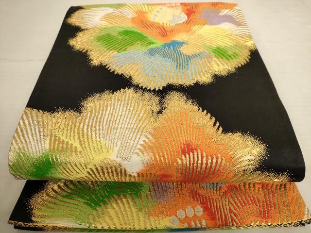 平和屋着物◎六通柄袋帯 唐織 花 黒地 金糸 正絹 逸品 AAAU8887dt