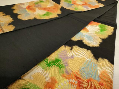 平和屋着物◎六通柄袋帯 唐織 花 黒地 金糸 正絹 逸品 AAAU8887dt